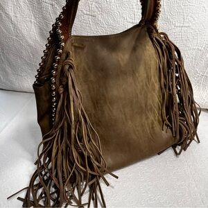 Big Buddha Fringe Shoulder Bag Faux Leather Studded Hobo Large Brown Purse Tote